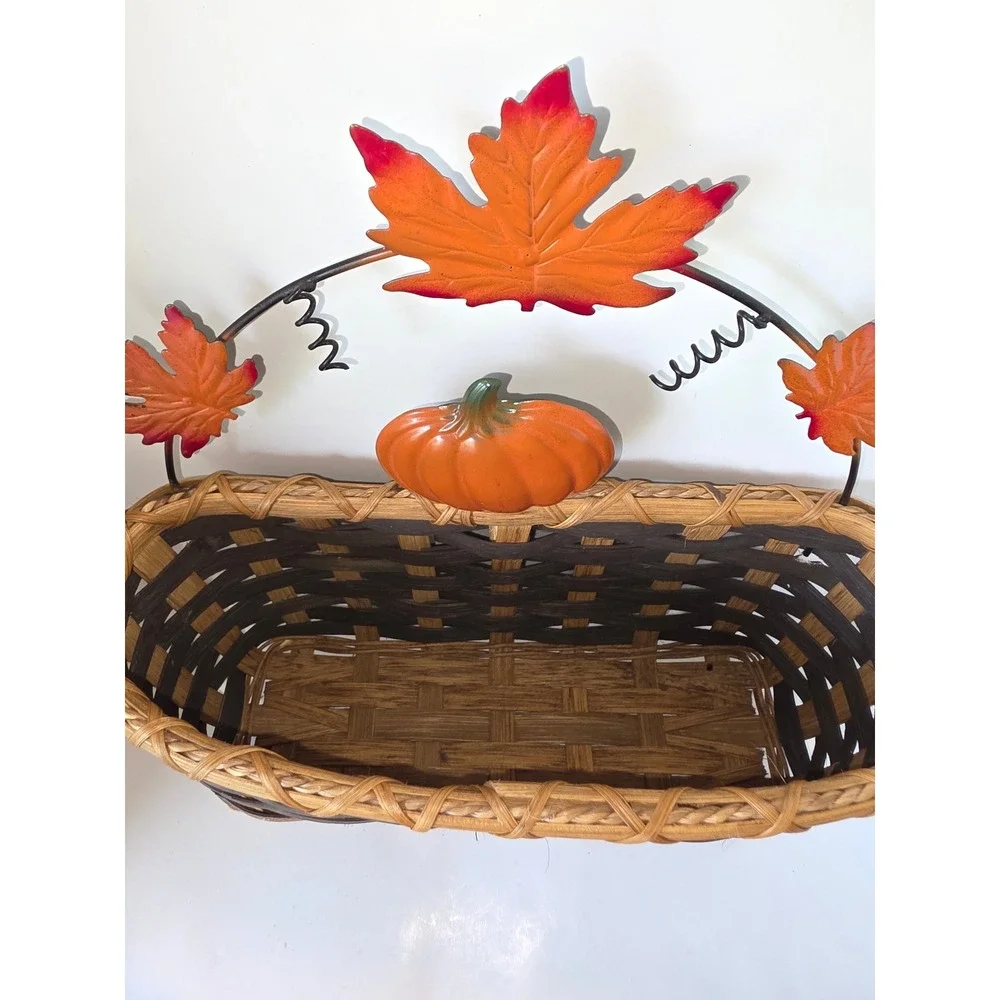 Vintage 1990s Harvest Basket Woven Wicker Pumpkin Maple Leaf Metal Handle Decor